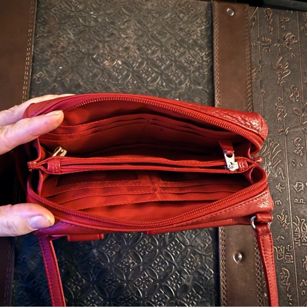 Genuine Leather Red MiniCrossbody Organizer Bag by ILI New York - Picture 5 of 16